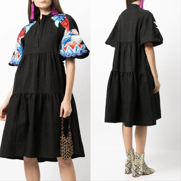 Stella Jean Dresses & Skirts - Stella Jean Bird Embroidered Short Sleeve Tiered Midi Dress Black.